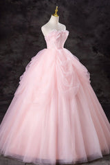 Pink Tulle Gorgeous Strapless Long Prom Dresses, Long Pink Formal Evening Dresses, Pink Ball Gown