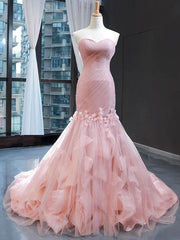 Pink Tulle Princess Wedding Dresses Strapless Pink Long Prom Dresses with ruffles Skirt