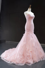 Pink Tulle Princess Wedding Dresses Strapless Pink Long Prom Dresses with ruffles Skirt