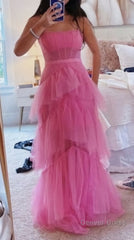 Fashion Hot Pink Layered Ruffles Evening Gown A Line Tulle Long Prom Dresses