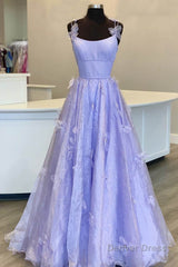 Purple Spaghetti Straps Long A line Prom Gown Handmade Flower Evening Dress