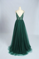 Emerald Green Tulle Prom Dresses Beaded V Neck