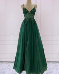 Emerald Green Tulle Prom Dresses Beaded V Neck