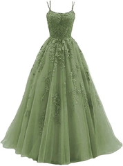 Green Lace Applique Tulle Long Straps Cross Back Long Party Dresses, Green Junior Prom Dresses