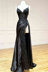 Black Long Appliques Prom Dresses with Spaghetti Straps