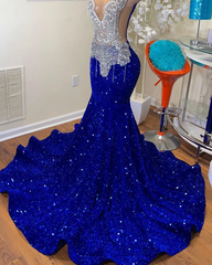 Mermaid Style Royal Blue Long Prom Dresses,Luxury Sparkly Crystals Diamond Black Girls