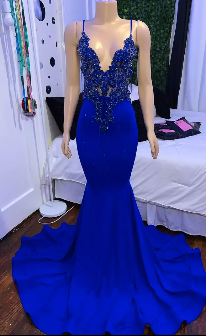 Mermaid Blue long Prom dress Dresses, Satin Lace Sleeveless prom dress