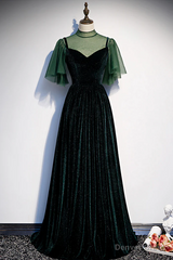 Green Velvet Long A-Line Prom Dress Evening Dresses