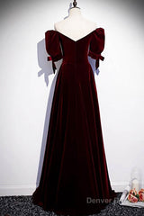 Modest Burgundy Long Prom Dresses with Short Sleeves Vintage Evening Gown