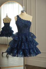 Dark Navy One Shoulder Appliques Multi-Layers Tulle Homecoming Dresses