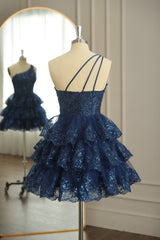 Dark Navy One Shoulder Appliques Multi-Layers Tulle Homecoming Dresses