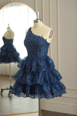 Dark Navy One Shoulder Appliques Multi-Layers Tulle Homecoming Dresses