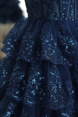 Dark Navy One Shoulder Appliques Multi-Layers Tulle Homecoming Dresses