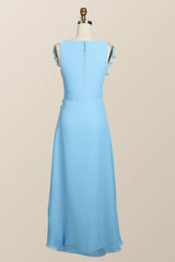 Blue Chiffon Ruffles Long Bridesmaid Dresses