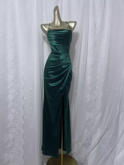 Vintage Sheath Spaghetti Straps Dark Green Vacation Dresses Satin Birthday Dresses