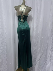 Vintage Sheath Spaghetti Straps Dark Green Vacation Dresses Satin Birthday Dresses