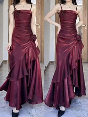 Wine Red Satin Long Straps Prom Dresses Wine Red A-line Party Dresses