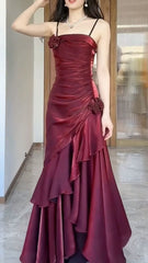 Wine Red Satin Long Straps Prom Dresses Wine Red A-line Party Dresses