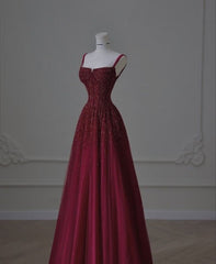 Retro A line Straps Sequin Burgundy Long Party Dresses Prom Dresses