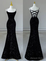 Sexy Mermaid Spaghetti Straps Sequin Black Long Prom Dresses