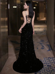 Black Sexy Mermaid Spaghetti Straps Sequin Long Prom Dresses