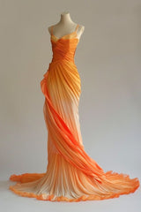 Retro A line Spaghetti Straps Orange Ombre Chiffon Long Evening Dresses Prom Dresses