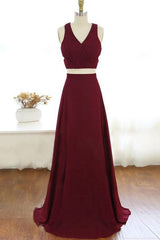 Two Piece V Neck Long Burgundy Chiffon Prom Dresses Evening Dresses