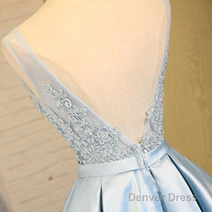 Blue A Line Princess V Neck Backless Appliques Homecoming Dresses