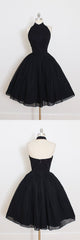 Black Halter Short Sleeve Homecoming Dresses, A Line Open Back Short Prom Dresses