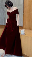 Spring Long Luxury Elegant Wine Red Soft Velvet Evening Party Wedding Dresses for Women Off Shoulder Maxi Dresses