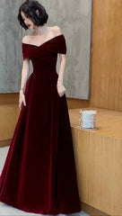 Spring Long Luxury Elegant Wine Red Soft Velvet Evening Party Wedding Dresses for Women Off Shoulder Maxi Dresses