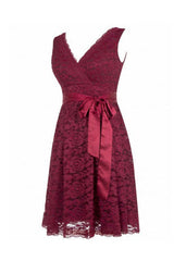 Short V Neck Burgundy Lace Bridesmaid Dresses with Sash