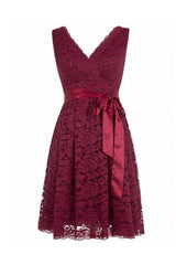 Short V Neck Burgundy Lace Bridesmaid Dresses with Sash