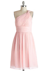 Simple A-Line One Shoulder Short Pink Chiffon Bridesmaid Dresses