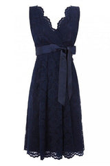 Simple V Neck Short Lace Navy Blue Bridesmaid Dresses with Sash