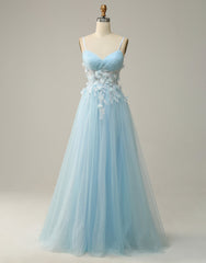 Sky Blue A-Line Spaghetti Straps Tulle Prom Dresses With 3D Appliques