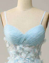 Sky Blue A-Line Spaghetti Straps Tulle Prom Dresses With 3D Appliques