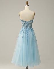 Sky Blue A-Line Tea Length Strapless Party Dresses With Beading