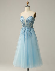 Sky Blue A-Line Tea Length Strapless Party Dresses With Beading