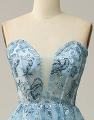 Sky Blue A-Line Tea Length Strapless Party Dresses With Beading