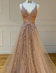 modest tulle v-neck a-line long lace prom dress formal evening gowns
