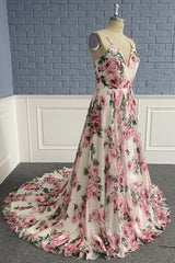 Stylish V Neck Backless Floral Pattern Long Prom Dresses, V Neck Floral Pattern Formal Evening Dresses