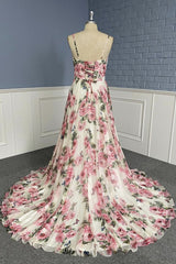 Stylish V Neck Backless Floral Pattern Long Prom Dresses, V Neck Floral Pattern Formal Evening Dresses