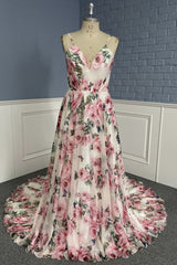 Stylish V Neck Backless Floral Pattern Long Prom Dresses, V Neck Floral Pattern Formal Evening Dresses