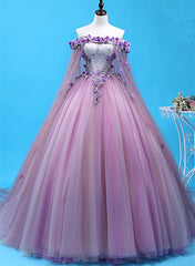 Light Purple Tulle Long Sweet 16 Gown, Flowers Quinceanera Dresses