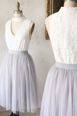 Two Piece Short White and Grey Bridesmaid Dresses