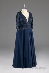 Navy V-Neck Long Sleeves Lace Appliques Chiffon Prom Dress