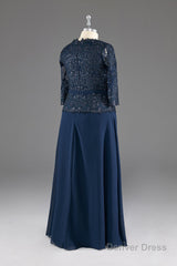 Navy V-Neck Long Sleeves Lace Appliques Chiffon Prom Dress