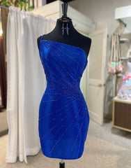 Royal Blue One Shoulder Tight Glitter Homecoming Dresses