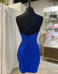 Royal Blue One Shoulder Tight Glitter Homecoming Dresses